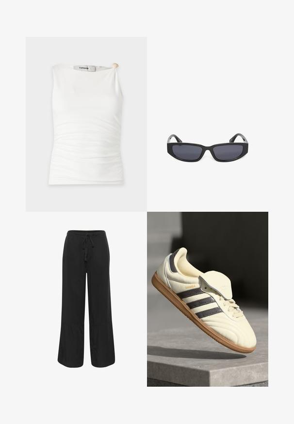Biely priliehavý top bez rukávov s bočným riasením a prekrúteným uzlom na jednom ramene, označený Topshop.; Culture CUNAVI CLARINA - Nohavice - black; Krémové kožené tenisky s tromi tmavými pruhmi, hnedou gumenou podrážkou a zaoblenou špičkou. Obsahujú prehýbací jazyk s označením "SAMBA."; Čierne obdĺžnikové slnečné okuliare s tmavými tónovanými šošovkami a hrubými rámami na bielom pozadí.