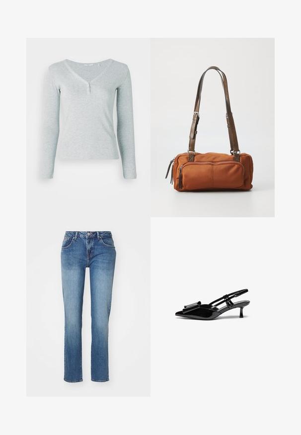 Lys grå langærmet top lavet af ribbet stof. Har V-udskæring og tre knapper ved halsudskæringen, med et slim fit design.; Blå denimjeans med lige ben, der har et klassisk fem-lomme-design og en let falmet overflade. Detaljer inkluderer en knap og lynlås.; Sorte patenterede læderslingbacks med spids tå, en sløjfedetalje foran og en lille stilettohæle. Remmene har justerbare spænder.; Brun stof tas med rektangulær form, to justerbare skulderstropper og en frontlomme med lynlås. Glat tekstur med sølvhardware detaljer.