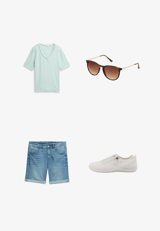 Hellblaues und weißes horizontal gestreiftes Kurzarm-V-Neck-Shirt, flach auf weißem Hintergrund liegend.; Jeansshorts in Hellblau mit einem verblassten Finish, featuring aufgerollten Säumen, Fünf-Taschen-Design und Metallknopfverschluss an der Taille.; Weißer Sportschuh aus atmungsaktivem Mesh-Material. Verfügt über einen Reißverschluss, eine strukturierte Oberseite und eine flexible Gummisohle.; Schildpatt-Sonnenbrille mit graden braunen Gläsern, Cat-Eye-Form, goldene Metallakzente an den Schläfen und einem glatten Kunststoffrahmen.