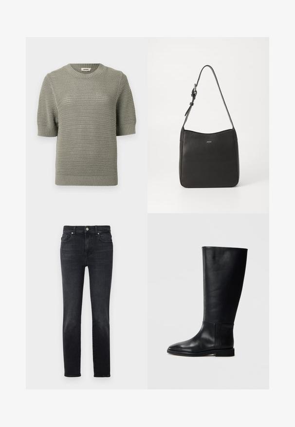 Kortærmet, lysegrøn strikket sweater med tekstureret mønster, rund halsudskæring samt ribkant ved ærmer og bund.; Sorte denimjeans med lige ben, der har knaplukning, fem lomme-design og subtile sømdetaljer.; Sorte læderknæhigh støvler med rund tå, glat tekstur, minimalistisk design og flad sål. Enkle sømdetaljer på skaftet.; Sort læderhandtaske med en buet top, justerbar rem og diskret logo. Sat mod en ensfarvet hvid baggrund.