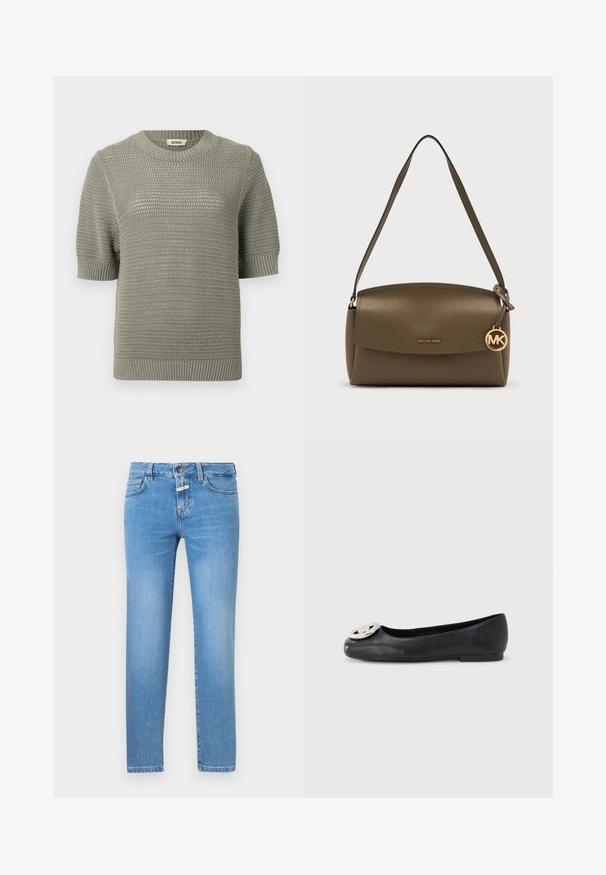 Pull en maille vert clair à manches courtes avec un motif texturé, un col rond et des poignets et un ourlet côtelés.; Jean slim bleu clair avec bouton et fermeture éclair à l'avant, design à cinq poches et légère décoloration sur les cuisses et les genoux.; Ballerine plate en cuir noir avec bout arrondi, ornée d'un logo métallique brillant à l'avant et d'une semelle en caoutchouc plate.; Sac à bandoulière en cuir vert olive avec fermeture à rabat et pendentif doré avec le logo Michael Kors suspendu à la sangle.