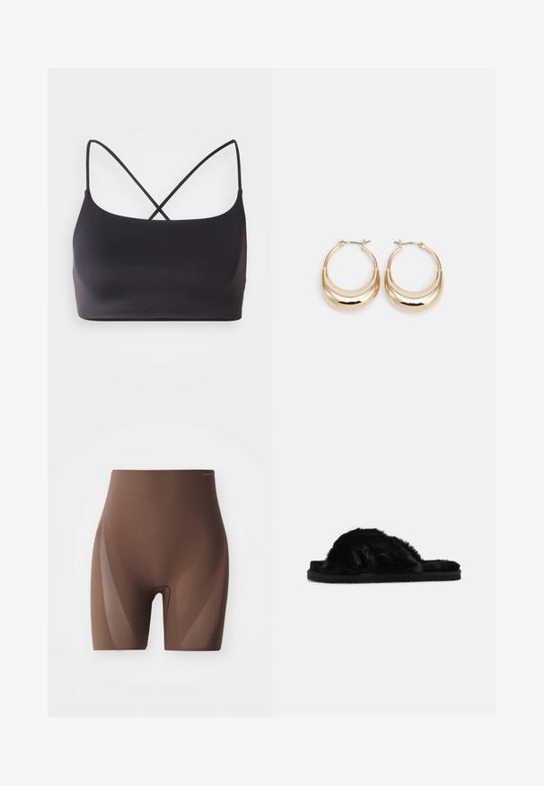 Čierny bralet s hladkou textúrou, ktorý má tenké ramienka prekrížené na chrbte pre minimalistický dizajn.; Hnedé tvarujúce šortky s hladkým, elastickým materiálom. Disponujú vysokým pásom a bezšvovým prevedením pre pohodlie a diskrétne nosenie.; Čierne chlpaté šľapky s plyšovou textúrou, otvorenou špičkou a plochou čiernou podrážkou. Žiadne viditeľné vybavenie alebo vzory.; Zlaté kruhové náušnice s polmesiacovým tvarom, lešteným povrchom a pántovým uzáverom. Hladká textura a reflexný lesk zvyšujú viditeľnosť.