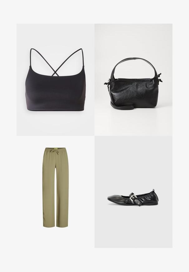 Sort bralette med en glat overflade, der har tynde stropper, som krydser hinanden på ryggen for et minimalistisk design.; Grønne, løstsiddende bukser med elastisk talje og justerbar snor. Lavet af blødt stof med lige ben og ingen synlige lommer.; Sorte læder flade sko med spids tå, samling detaljer omkring åbningen, og en sølv spænde accent på den justerbare rem.; Sort læderhåndtaske med et struktureret design, rund tophåndtag og aftagelig skulderrem. Den har en glat tekstur og en subtil glans.