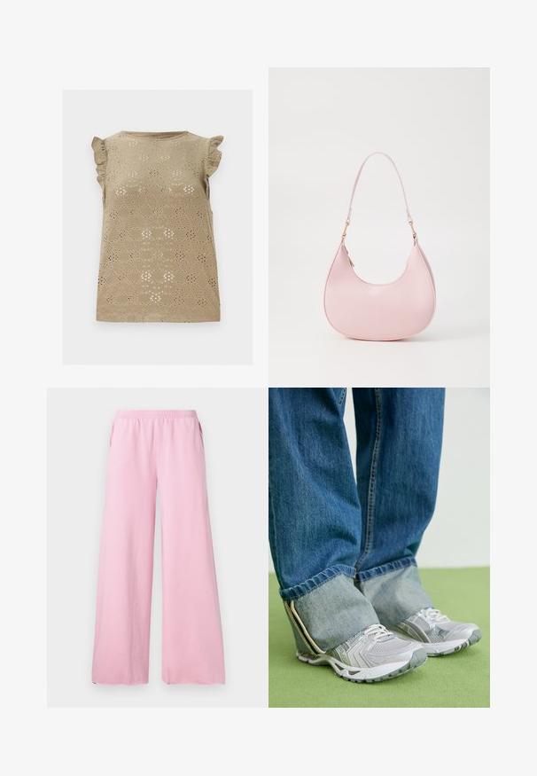 Beige mouwloos topje met bloemig eyelet-patroon en gerimpelde kapmouwen, plat gelegd op een witte achtergrond.; Roze wijde broek gemaakt van zachte stof met een elastische tailleband en zijzakken. Heeft een recht, vloeiend model.; Grijze sportieve schoenen van mesh materiaal met witte accenten, in combinatie met blauwe denim jeans die aan de enkels zijn omgeslagen.; Call it Spring CELESTY - Handtas - other pink