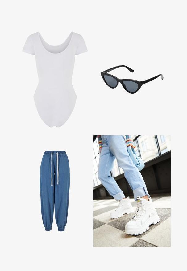 Weißer Kurzarm-Body mit Rundhalsausschnitt, aus weichem, dehnbarem Material. Das Design zeichnet sich durch eine figurbetonte Silhouette und nahtlose Verarbeitung aus.; Blaue Denim-Jogginghose mit elastischem Bund und Bündchen, mit weißen Kordeln an der Taille.; Weiße klobige Sneaker mit dicken Sohlen, Schnürung vorne und Markenetikett. Getragen mit hellblauen, hochgekrempelten Jeans auf einem gemusterten Boden.; Schwarze Cat-Eye-Sonnenbrille mit dunkelgrauen Gläsern, schlankem Kunststoffrahmen, spitzen Ecken und geraden Bügeln. Keine sichtbaren Befestigungen oder Akzente.