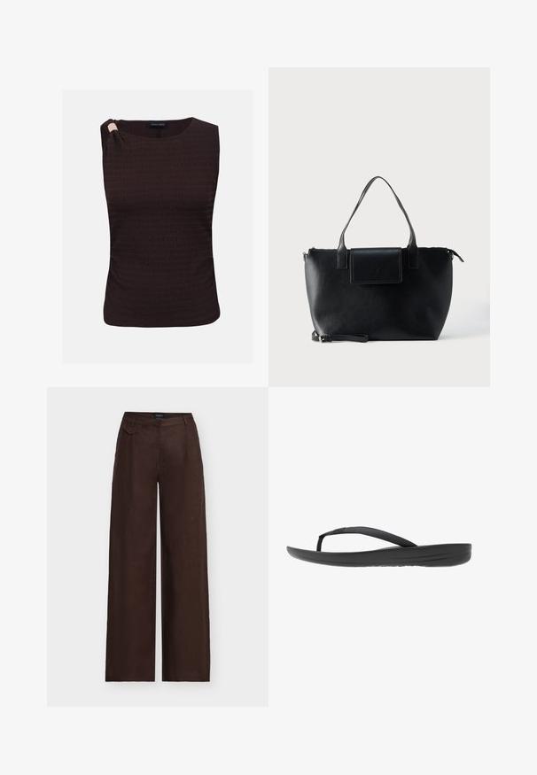 Donkerbruine mouwloze top met textuur, een ronde halslijn en een geplooid detail op één schouder.; Donkerbruine wijde broek met hoge taille en een klein decoratief klepzakje aan de rechter voorzijde van de tailleband.; Zwarte flip-flop met een gestructureerde band, een gevoerde zool en een strak, minimalistisch ontwerp. Geschikt voor casual gebruik.; Zwarte leren totebag met twee handvatten, een afneembare band, magnetische klepsluiting en een gladde textuur. Rits aan de bovenzijde en sierstiksels.
