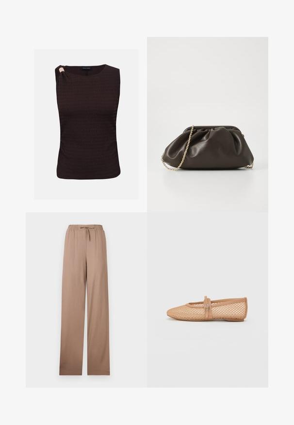 Haut sans manches de couleur marron foncé avec une texture, un col rond et un détail froncé sur une épaule.; Pantalon beige à jambe large avec taille élastique et cordon de serrage, en tissu léger, présenté à plat sur fond blanc.; Ballerines en mesh nude avec un bout pointu, un talon fermé, et une sangle décorative avec une boucle sur le cou-de-pied. Surface texturée.; Sac à main en cuir marron avec un design froncé, une bandoulière en chaîne dorée et une finition douce et texturée. Sa forme compacte est idéale pour une utilisation en soirée.