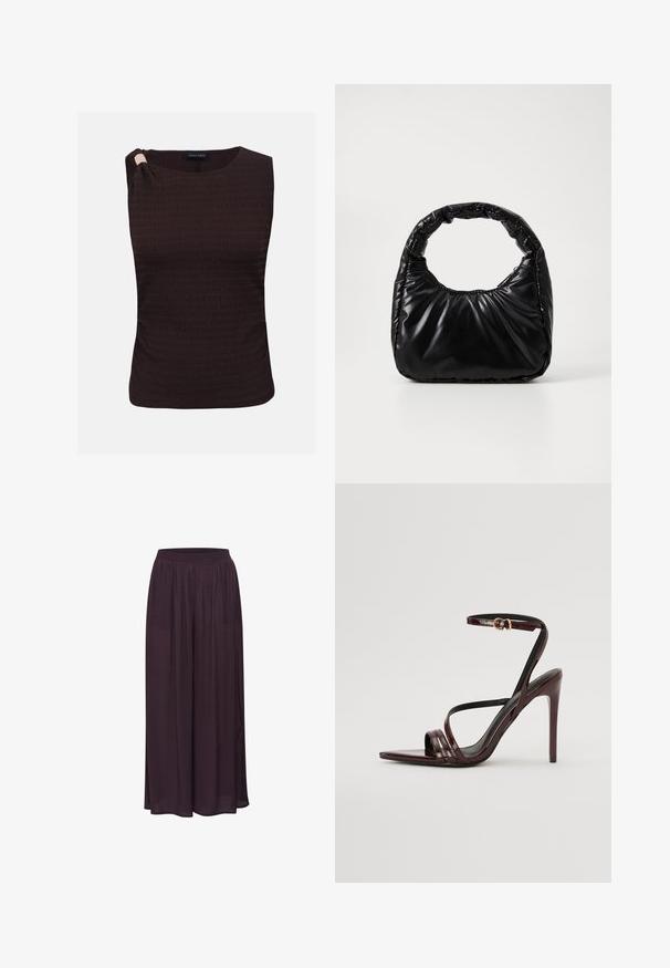 Haut sans manches de couleur marron foncé avec une texture, un col rond et un détail froncé sur une épaule.; Pantalons larges en tissu léger, de couleur violet foncé. Dotés d'une taille élastique et d'un design fluide avec une texture lisse.; Sandale à talons hauts en cuir verni bourgogne avec une bride de cheville, bout pointu et trois bandes horizontales sur le pied. Détail de boucle dorée.; Sac à main noir rembourré avec une poignée arrondie, présentant une surface lisse et brillante ainsi qu'une texture douce et matelassée. Pas de quincaillerie ou d'accents visibles.