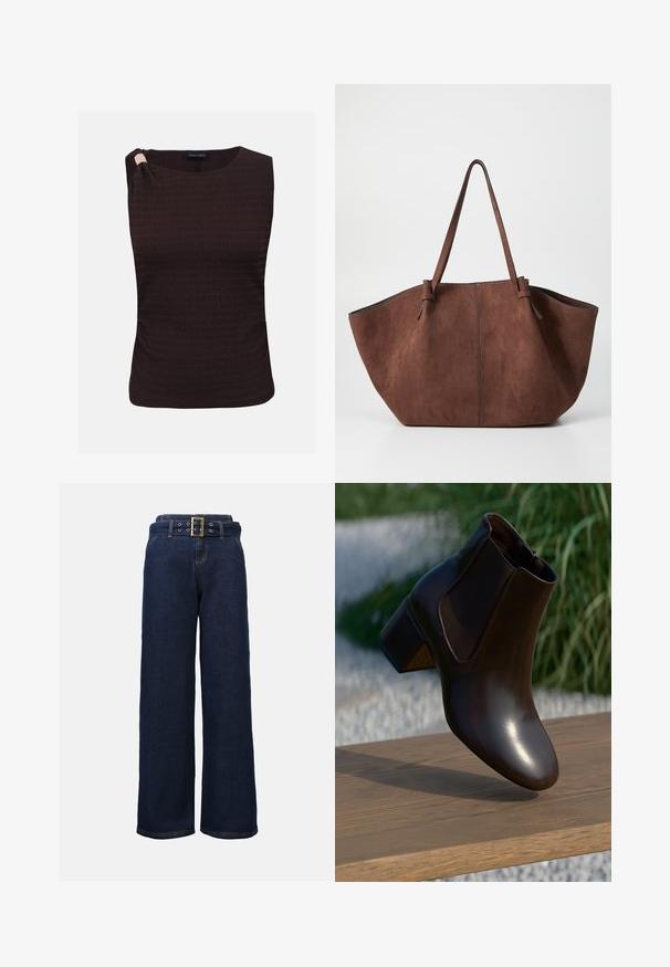 Top sin mangas de color marrón oscuro con textura, cuello redondo y detalle fruncido en un hombro.; Pantalones vaqueros de pierna ancha en azul oscuro con bolsillos cosidos y un cinturón a juego que presenta una gran hebilla rectangular dorada.; Botín de cuero marrón con punta redonda y un tacón bajo en bloque, que presenta paneles laterales elásticos y un acabado suave y brillante.; Bolso tote de ante marrón con una forma amplia y abierta, que presenta asas largas y una costura sutil a lo largo de los bordes. Sin herrajes visibles.