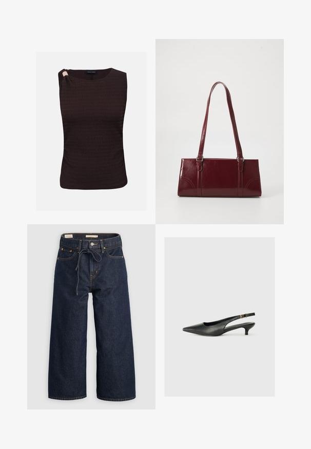 Top sin mangas de color marrón oscuro con textura, cuello redondo y detalle fruncido en un hombro.; Jeans de mezclilla de pierna ancha en azul oscuro con cintura ajustable por cordón, bolsillos frontales y detalles de costura en naranja contrastante.; Zapato de tacón slingback negro de punta afilada, hecho de cuero suave. Presenta un tacón delgado y un detalle de hebilla en la correa ajustable.; Bolso burdeos hecho de material brillante, de forma rectangular, con dos asas para el hombro y sutiles acentos curvados en la parte frontal.