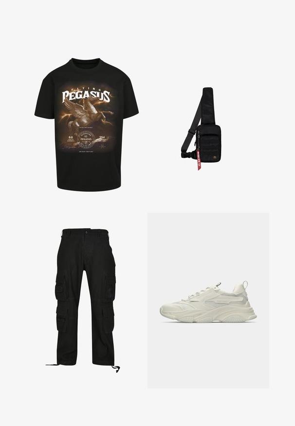 Zwart T-shirt met een grafische print van een gevleugeld paard, bliksem en tekstelementen in witte en gouden tinten. Ronde halslijn, korte mouwen.; Zwarte cargobroek van duurzaam materiaal, met meerdere zijzakken, een relaxed fit en verstelbare enkelbanden.; Stevige witte sneaker met mesh accenten, textuurrubberen zool en afgeronde vorm. Voorzien van minimale branding en een trekkoord aan de hiel.; Zwarte schoudertas gemaakt van gestructureerde stof. Heeft een hoofdvak met rits, een voorvak met band, een verstelbare riem en een decoratief label.