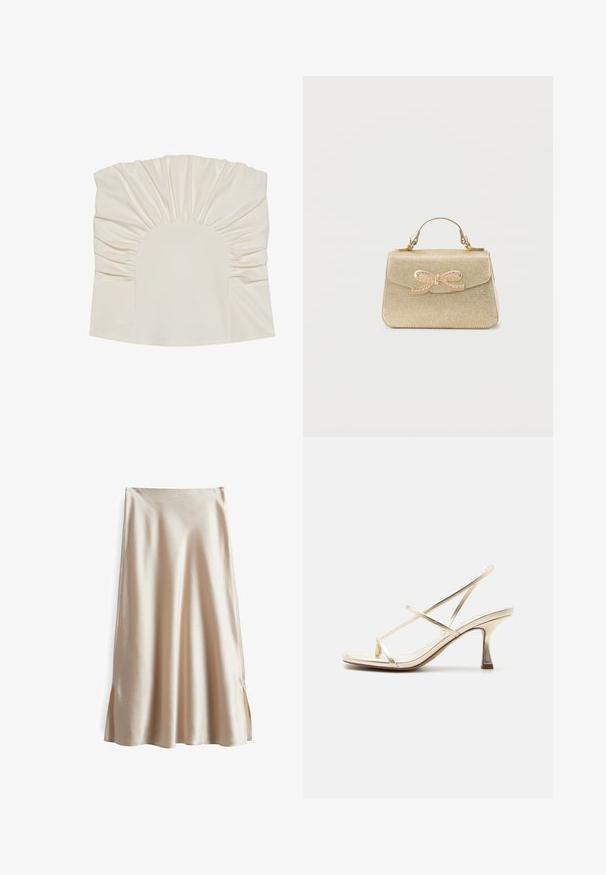 Crème-kleurige top met geplooide stof, met een ronde halslijn en een gladde textuur. Het ontwerp heeft plooien langs de randen.; Satin rok in een lichtbeige kleur, met een gladde textuur, een uitlopende uitstraling en zijsplitten voor gemakkelijk bewegen.; Beige metallic open teen sandaal met dunne gekruiste bandjes en een middelhoog taps toelopende hak op een effen lichte achtergrond.; Kleine gouden handtas met textuur, voorzien van een handvat aan de bovenkant en een decoratieve strikvormige sluiting versierd met kleine kristallen.