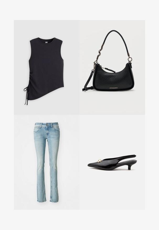 Top noir asymétrique sans manches avec détail de cordon froncé latéral réglable et encolure ronde.; Jean en denim bleu clair, design bootcut, style à cinq poches, détails décolorés, fermeture éclair et bouton, accents de couture subtils, taille moyenne.; Escarpin slingback noir en cuir verni à petit talon kitten, avec un bout pointu et un petit ornement rond doré sur le dessus.; Sac à main Steve Madden en cuir texturé noir avec fermeture à glissière incurvée sur le dessus, poignée courte en métal et cuir irrégulière, et bandoulière détachable.
