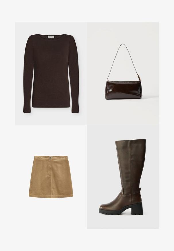 Donkerbruine longsleeve met ronde hals, gemaakt van lichtgewicht stof met een slanke pasvorm en zonder zichtbare patronen of versieringen.; Bruine corduroy mini-rok met een knoopsluiting, met een verticale ribbelstructuur en een eenvoudig ontwerp. De zoom is recht en netjes afgewerkt.; Bruine leren kniehoogte laars met een chunky zwarte hak en een gestructureerde afwerking. Heeft een ronde neus en subtiele zijnaaddetails.; Donkerbruine rechthoekige leren schoudertas met een enkele dunne band en goudkleurige gesp op een effen achtergrond.