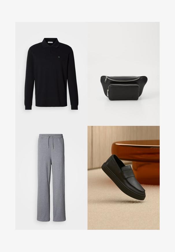 Sort langærmet polo i bomuld med tre knapper og et lille grønt broderet logo på venstre bryst.; Grå, brede sweatpants lavet af blødt materiale; har en elastisk talje med snøre og ingen lommer. Enkelt, udekoreret design.; Sort lædersko med elastik over vristen, placeret på et beige tæppe og ved et brunt rundt bord.; Sort læderhåndtaske med to lynlåslommer, glat tekstur, rund form og logo prægede på fronten. Sølv hardware accenter.