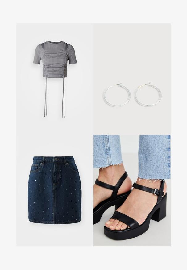 Grå cropped top med korte ærmer, prydet med lodret ribbet mønster, sammenkrøllede detaljer og justerbare bånd i kanten for en skræddersyet pasform.; Denim nederdel har en mørkeblå nuance med sølvfarvede nitter jævnt fordelt over stoffet, knaplukning og klassiske lommer.; ALDO CELIE - Højhælede sandaletter / Højhælede sandaler - black; Par skinnende sølvøreringe med tynde trådlåse, vist på en lys grå baggrund.