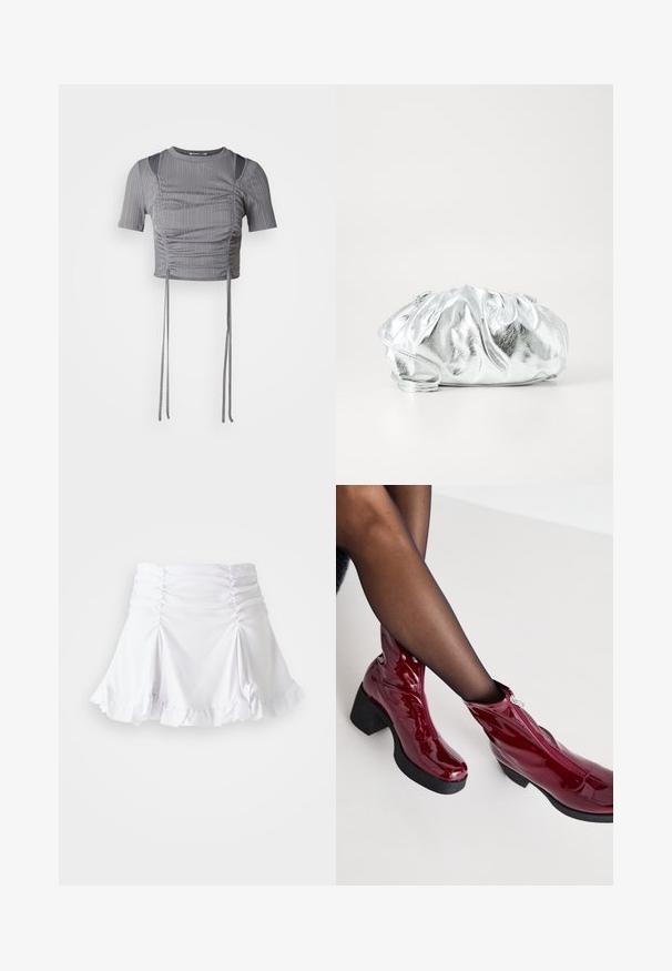 Grå cropped top med korte ærmer, prydet med lodret ribbet mønster, sammenkrøllede detaljer og justerbare bånd i kanten for en skræddersyet pasform.; Hvid nederdel lavet af tekstureret stof med rynkedetaljer og bølger. Har en udvidet design med en tætsiddende talje.; Røde ankelstøvler i patenteret læder med en kraftig sort hæl og lynlåsdetalje. Glat tekstur, elegant design med en rund tå.; Metallisk sølv clutch taske med en blød, samlet krop og en tynd skulderrem. Har en glat, skinnende overflade og rund form.