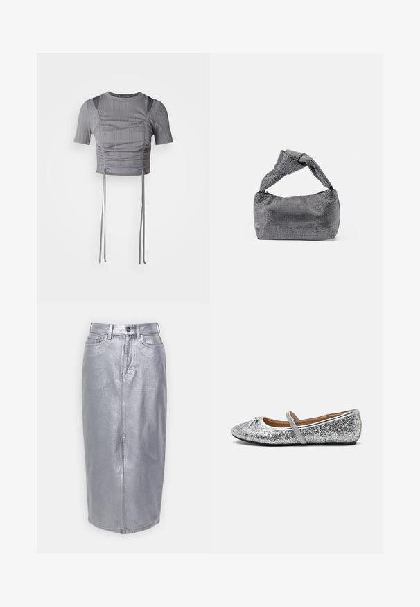 Haut court gris à manches courtes, avec un motif de côtes verticales, des détails froncés et des liens réglables à l'ourlet pour un ajustement sur mesure.; Jupes midi en denim argenté avec une taille ajustée, fermeture à boutons et poches latérales. Texture métallique lisse avec une silhouette droite.; Ballerines en paillettes argentées avec un bout arrondi, une sangle élastique et un talon minimal. Surface texturée avec un éclat métallique et des finitions contrastées.; Sac à main noir et argent avec une surface texturée affichant un motif en diamant, une anse nouée et une forme structurée.