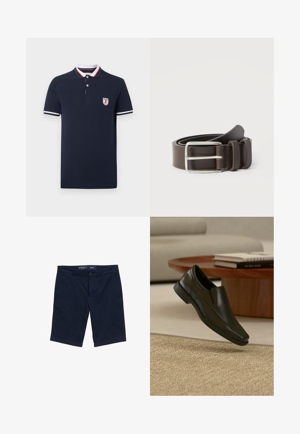 Polo de manga corta azul marino con ribete en el cuello en blanco, rojo y azul marino, rayas blancas en las mangas y un pequeño parche con logo en el pecho.; Pantalones cortos azul marino de mezcla de algodón, con cierre de botón, bolsillos laterales y diseño de pierna recta. Etiqueta de talla M visible.; Zapato de vestir negro de cuero tipo mocasín flotando sobre una alfombra tejida beige, con mesa de café redonda de madera y libros apilados al fondo.; Cinturón de cuero marrón con una hebilla de metal plateado, con una textura suave y un diseño sencillo. Incluye una trabilla para ajuste y cierre.