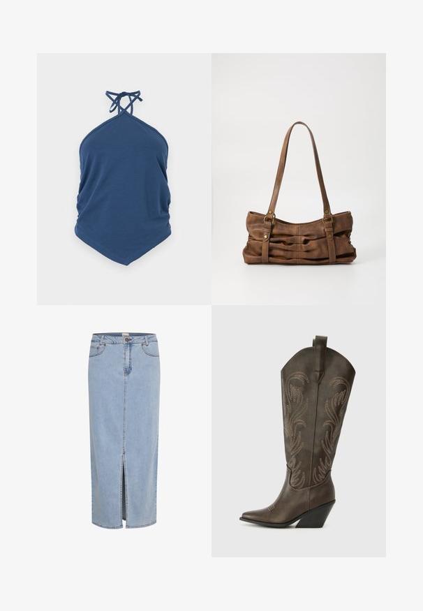 Blaues Neckholder-Top mit gekreuzten Trägern und spitz zulaufendem Saum, aus weichem Stoff gefertigt.; Hellblaue Denim-Rock, knielang, mit einem Schlitz vorne, Gürtelschlaufen und einem metallischen Knopfverschluss mit kontrastierenden Nähten.; Braune Leder-Cowboystiefel mit einer spitzen Zehe, Wedge-Absatz und dekorativer Stickerei. Besitzt einen hohen Schaft und eine Zuglasche.; Even&Odd Handtasche - brown
