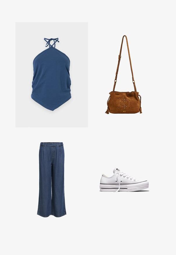 Blauwe haltertop met gekruiste bandjes en puntige zoom, gemaakt van zachte stof.; Rechtemodel donkere blauwe denim broek met een elastische tailleband en riemlussen, zonder zichtbare zakken, weergegeven tegen een witte achtergrond.; Wit lage canvas sneaker met witte veters, rubberen zool, zwarte streepdetails en logopatch op de tong en hiel.; Bruine suède crossbodytas met verstelbare band, decoratief patroon van studs en kralen, kwastjes aan de zijkanten en de tekst "W.11" onderaan in het midden.