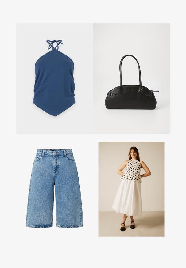 Blå top med halterneck og krydsede stropper samt spidst kant, lavet af blødt stof.; Lysblå denimshorts med en bred skæring, standard fem-lomme design og et struktureret stof med en falmet finish.; Kvinde stående med hænderne på hofterne iført hvid ærmeløs top med sorte prikker, hvid midi-nederdel og sorte Mary Jane sko.; Sort læderhåndtaske i rund form, med to lange håndtag, guldfarvet hardware og et lille mærke vedhæftet. Lynlåslukning på toppen.