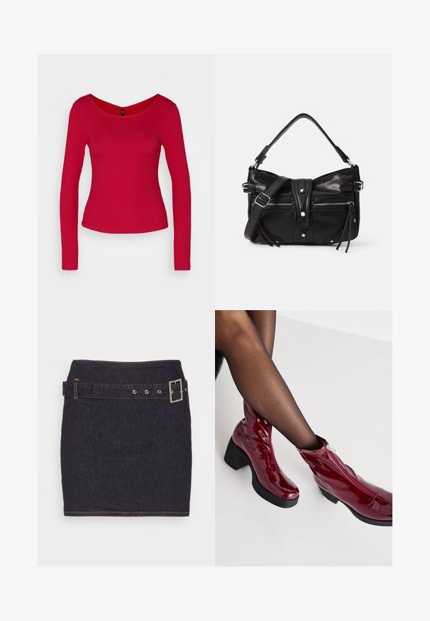ONLY ONLSANDIE - Top s dlhým rukávom - lychee; ONLY ONLBLUSH BELT SKIRT - Denimová sukňa - dark blue denim; Červené lakované kozačky po členky s robustným čiernym opätkom a detailom na zips. Hladká textúra, štíhly dizajn s okrúhlou špičkou.; Even&Odd by Zalando H24462 - Kabelka - black