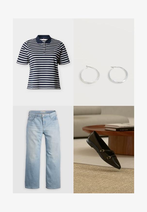 Navyblauw en wit horizontaal gestreept poloshirt met korte mouwen, een navyblauwe kraag en vier knopen op de knoopsluiting.; Lichtblauwe wijde jeans van denim. Heeft een hoge taille, vijf zakken en contrasterende stiksels. Gladde textuur met een vervaagde afwerking.; Zwarte platte schoen met puntige neus en twee dunne gespspanners die boven een beige tapijt zweven, met een houten salontafel en boeken op de achtergrond.; Zilverkleurige metalen creolen oorbellen met een glad, licht gebogen oppervlak en sluitingen met haaksluiting op een effen witte achtergrond.