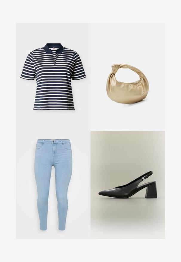 Marineblå og hvide horisontale stribede kortærmede polo med marineblå krave og fire knapper på slidserne.; Lysblå skinny jeans lavet af denim, med knaplukning, fem lommer og en glat, let falmet tekstur.; Sort lædersko med slingback, spids tå, sølvspænde og kraftig blokhæl på en neutral baggrund.; Guldmetal taske med en glat, shiny overflade. Har et knyttet håndtag og en rund, blød form. Lynlåslukning langs toppen.