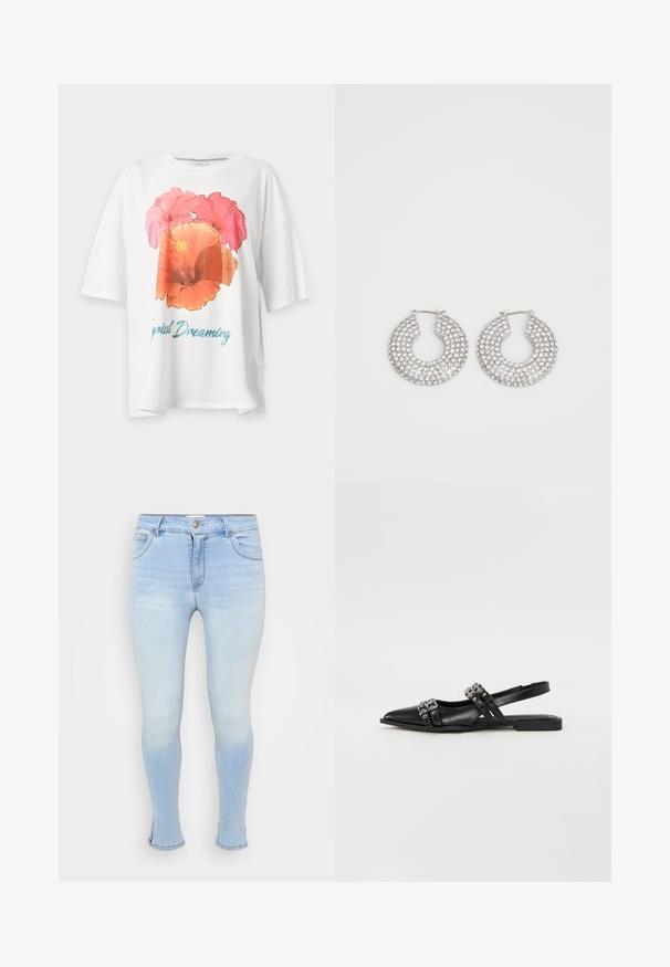 Hvid T-shirt med korte ærmer med stort pink og orange blomsterprint samt blå tekst "Tropical Dreaming" på fronten.; Lyseblå skinny jeans lavet af denim, med fem lommer, lukning med knap og lynlås, og let slidte for et brugt udseende.; Even&Odd Slingback-ballerinasko - black; Sølvøreringe med flere klare krystaludsmykninger, med en struktureret overflade og et åbent rundt design.