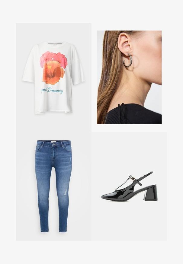 Hvid T-shirt med korte ærmer med stort pink og orange blomsterprint samt blå tekst "Tropical Dreaming" på fronten.; Slanke jeans i lyseblå denim med subtile slidte accenter, fem lommer og lynlås-lukning. Glat tekstur.; Sort laklæder lavhælet slingback sko med spids tå og T-rem med lille guldbøjle.; Sølv hoop ørestik med en poleret overflade, prydet med små guld accenter og en rund form, båret på øreflippen.