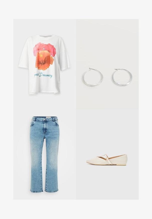 Hvid T-shirt med korte ærmer med stort pink og orange blomsterprint samt blå tekst "Tropical Dreaming" på fronten.; Lyseblå denimjeans med lige snit, der har knaplukning, fem lommer og subtil falming ved knæene.; Beige patentlæder flade sko med spids tå, en tynd rem over vristen og en lille hæl med guldaccent.; Sølvfarvede metaloorringe med glat, let buet overflade og låsemekanisme på en ensfarvet hvid baggrund.