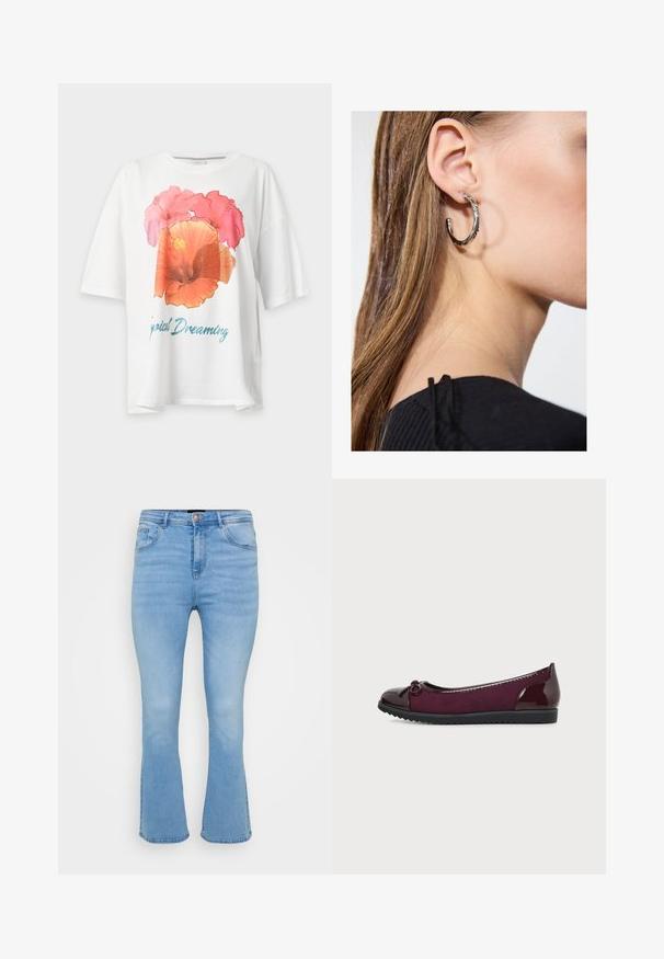 Hvid T-shirt med korte ærmer med stort pink og orange blomsterprint samt blå tekst "Tropical Dreaming" på fronten.; Lyseblå flagrende jeans i denim af bomuld. Features høj talje, fem lommer og synlige sømme langs sømme og kant.; Flad mørkerød balletsko med ruskindskrop, lakeret tå og hæl, en lille sløjfe på toppen og en ribbet sort sål.; Sølv hoop ørestik med en poleret overflade, prydet med små guld accenter og en rund form, båret på øreflippen.
