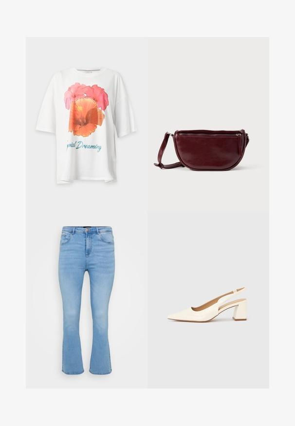 Hvid T-shirt med korte ærmer med stort pink og orange blomsterprint samt blå tekst "Tropical Dreaming" på fronten.; Lyseblå flagrende jeans i denim af bomuld. Features høj talje, fem lommer og synlige sømme langs sømme og kant.; Slingback-pumpe i blank cremefarvet laklæder, med spids snude og kraftig firkantet hæl for stabilitet. Minimalistisk design uden pynt.; Vinrød læderhåndtaske med halvmåneform, lynlås og aftagelig rem. Glat tekstur med en subtil glans.