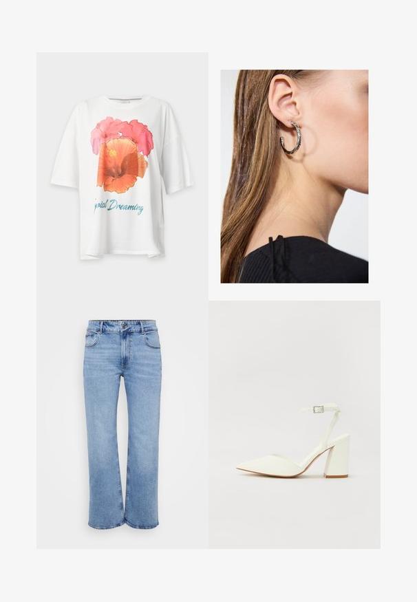 Hvid T-shirt med korte ærmer med stort pink og orange blomsterprint samt blå tekst "Tropical Dreaming" på fronten.; Lysblå vidde jeans lavet af denim, med fem lommer, en frontlynlås og en knaplukning. Subtile syninger langs sømmene.; Hvide hælede sandaler med spids tå, justerbar ankelrem og en kraftig firkantet hæl. Glat tekstur med minimale syninger.; Sølv hoop ørestik med en poleret overflade, prydet med små guld accenter og en rund form, båret på øreflippen.