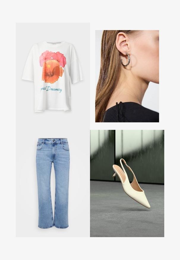 Witte T-shirt met korte mouwen met een grote roze en oranje bloemenprint en blauwe tekst met de tekst "Tropical Dreaming" op de voorkant.; Lichtblauwe wijde jeans gemaakt van denim, met vijf zakken, een rits aan de voorkant en een knoopsluiting. Subtiele stikdetails langs de naden.; Beige slingback damesschoen met spits toelopende neus en lage kittenhak, zwevend boven een grijze vloer tegen een wazige donkere achtergrond.; Zilveren oorbel met een gepolijste afwerking, met kleine gouden accentdetails en een ronde vorm, gedragen op de oorlel.
