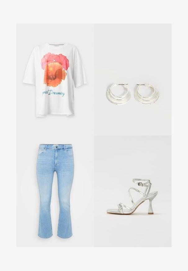 Hvid T-shirt med korte ærmer med stort pink og orange blomsterprint samt blå tekst "Tropical Dreaming" på fronten.; Lys blå denim jeans med en tætsiddende talje, flagrende bukseben, fem-lomme design og subtil forvitring i stofstrukturen.; Sølv høje hæle sandaler med flere krydsschooler, en spændeankelrem og en skulptureret hæl, med en skinnende metallisk finish.; Sølv hoop øreringe med tre lagdelte halvcirkelformede bånd, hvoraf det ene er udsmykket med små klare krystaller på en lys baggrund.