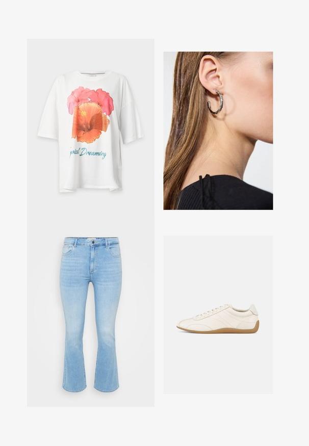 Hvid T-shirt med korte ærmer med stort pink og orange blomsterprint samt blå tekst "Tropical Dreaming" på fronten.; Lys blå denim jeans med en tætsiddende talje, flagrende bukseben, fem-lomme design og subtil forvitring i stofstrukturen.; Hvid lædersneaker med en glat tekstur, rund tå og tonale syninger. Har en tanfarvet gummisål og snørebånds-lukning.; Sølv hoop ørestik med en poleret overflade, prydet med små guld accenter og en rund form, båret på øreflippen.