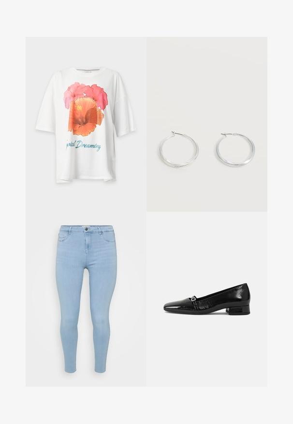 Weißes T-Shirt mit kurzen Ärmeln, großem pink-orangefarbenem Blumenprint und blauem Schriftzug „Tropical Dreaming“ auf der Vorderseite.; Helle blaue Skinny-Jeans aus Denim, mit Knopfverschluss, fünf Taschen und einer glatten, leicht gewaschenen Textur.; Schwarze Lackleder-Ballettschuhe mit spitzem Zehenbereich, niedrigem quadratischem Absatz und einem kleinen metallischen Schnallenakzent am Riemen. Glatte Textur.; Silberne Metallcreolen mit glatter, leicht gebogener Oberfläche und Klappverschluss vor schlicht weißem Hintergrund.