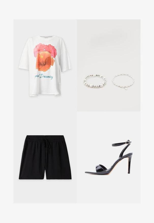 Weißes T-Shirt mit kurzen Ärmeln, großem pink-orangefarbenem Blumenprint und blauem Schriftzug „Tropical Dreaming“ auf der Vorderseite.; Schwarze Shorts mit elastischem Bund, verstellbarem Kordelzug und Seitentaschen, flach auf einem schlichten, hellen Hintergrund ausgelegt.; Schwarze Sandalette aus Lackleder mit hohen Absätzen, offenem Zehenbereich, Knöchelriemen und Schnallenverschluss, seitlich auf weißem Hintergrund dargestellt.; Zwei Armbänder mit silbernen Perlen auf weißem Hintergrund; eines mit unregelmäßigen Perlen und das andere mit gleichmäßigen Perlen und einem kleinen tropfenförmigen Anhänger.