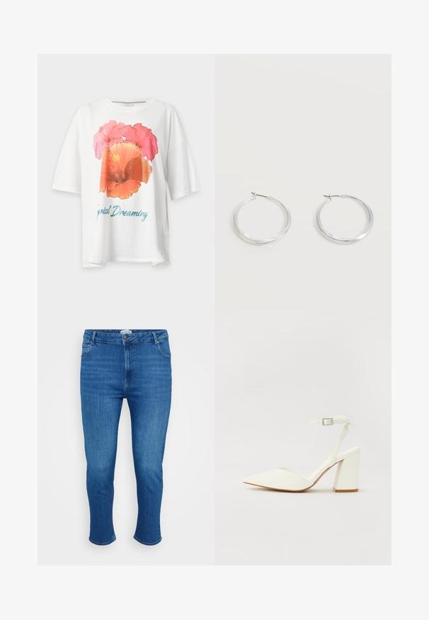 Witte T-shirt met korte mouwen met een grote roze en oranje bloemenprint en blauwe tekst met de tekst "Tropical Dreaming" op de voorkant.; Blauwe denim jeans met een hoge taille, voorknop en rits, vijf zakken en een slim rechte pasvorm.; Witte hakken sandaal met een puntige neus, verstelbaar enkelbandje en een stevige vierkante hak. Gladde textuur met minimale stiksels.; Zilverkleurige metalen creolen oorbellen met een glad, licht gebogen oppervlak en sluitingen met haaksluiting op een effen witte achtergrond.