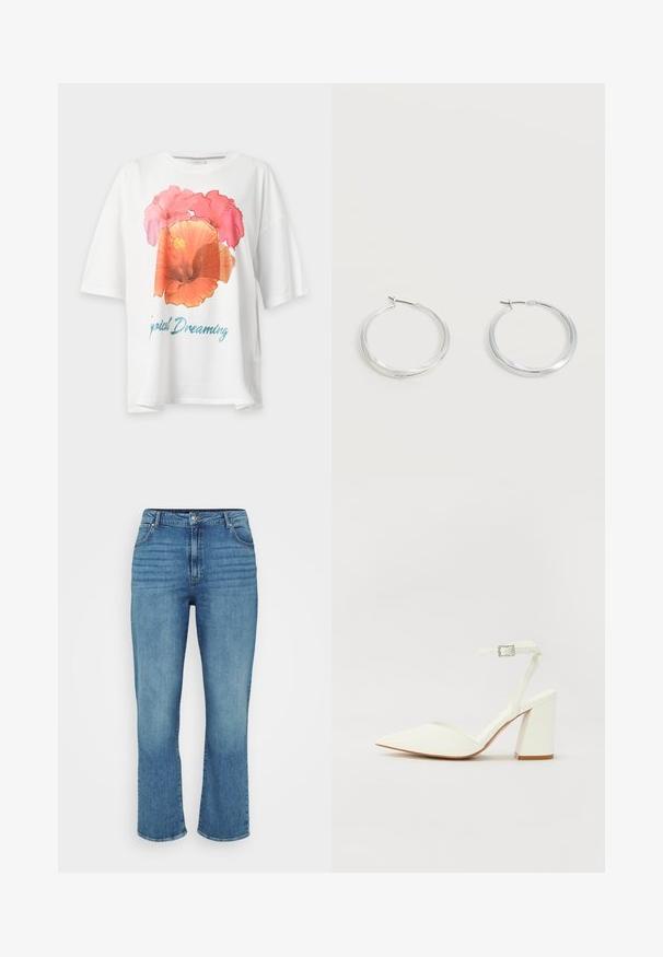 T-shirt blanc à manches courtes avec un grand imprimé floral rose et orange et un texte bleu indiquant « Tropical Dreaming » à l’avant.; Jean en denim bleu clair avec une coupe droite, comportant cinq poches, des passants de ceinture et un léger délavage sur le devant.; Sandale blanche à talon avec un bout pointu, sangle de cheville réglable et un talon carré épais. Texture lisse avec des détails de couture minimaux.; Boucles d’oreilles créoles en métal argenté avec une surface lisse légèrement incurvée et des fermoirs à clapet sur un fond blanc uni.