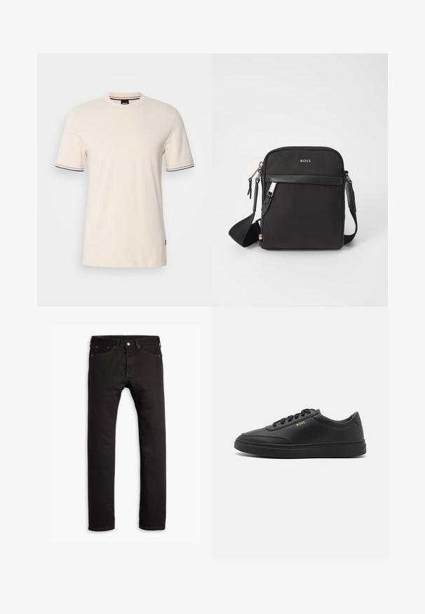 Kortærmet beige T-shirt lavet af bomuld, med rund hals, kontrastkant på ærmerne og et logo etikette på siden.; Sorte slim-fit jeans med fem lommer og knaplukning, præsenteret fladt på en hvid baggrund.; Sorte lædersneakers med en glat overflade, rund tå, flad gummisål og tonede snørebånd. Udstyret med guld "BOSS" branding på siden.; Sort crossbody taske med et struktureret stof, logo på fronten, lynlås lukning og justerbar rem. Har en glat læderkant.
