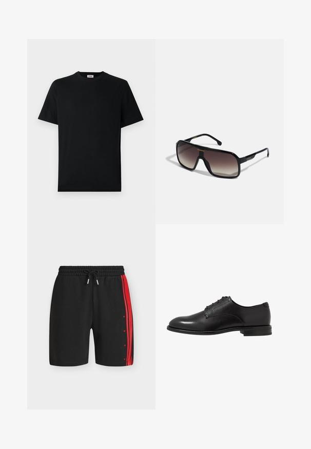 T-shirt noir uni à manches courtes et col rond, exposé à plat sur un fond blanc, avec une petite étiquette de marque à l'intérieur du col.; Shorts de sport noirs avec taille élastique et cordon, avec une bande rouge verticale et le texte « HUGO » sur le côté droit.; Chaussure de ville en cuir noir avec une finition lisse, bout arrondi, six œillets et un talon bas empilé. Design simple et classique.; Lunettes de soleil noires surdimensionnées avec des verres dégradés, dotées d'une large monture angulaire, d'une finition brillante et d'un accent doré sur le côté.