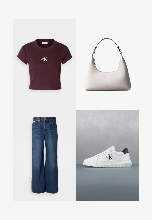 Bordeaux cropped t-shirt i ribbet stof med korte ærmer. Har et hvidt Calvin Klein-logo centreret på brystet.; Bredde jeans lavet af mørkeblåt denim. Funktioner inkluderer en høj talje, fem lommer og kontrasterende orange syninger langs sømmene.; Hvide lavtoppede sneakers med sort hælkænke, platformssål, snørebånd og Calvin Klein "CK" logo på siden.; Cremefarvet skuldertaske i læder fra Calvin Klein med buet topkant, sølvfarvet lynlås og mørkebrun justerbar rem.