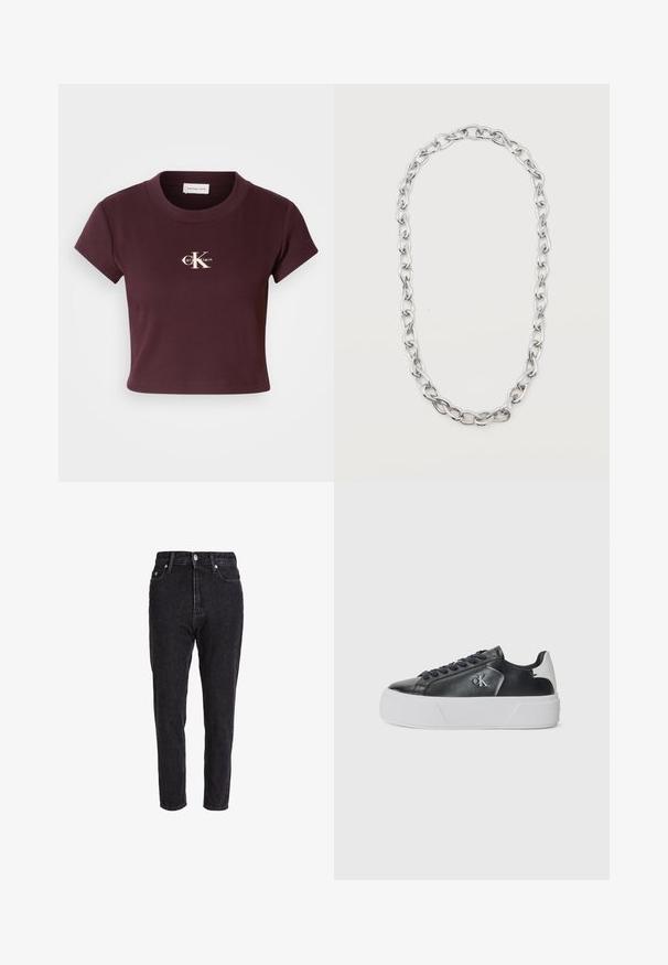 Burgundia lühike t-särk ribakangas lühikeste varrukatega. Rinnaosas asub keskel valge Calvin Kleini logo.; Mustad teksased kõrge vöökohaga, kitsenevad jalad ja klassikaline viie taskuga disain. Kangast tekstuur on veidi tekstureeritud ja vastupidav.; Calvin Klein Jeans FLATFORM LACE UP - Tossud - black/bright white; Hõbedase tooniga ketikujuline kaelakee, millel on suured omavahel seotud ovaalsed lingid, mis on valgel taustal pikenenud silmusena.