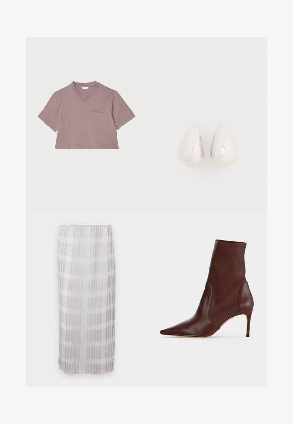 T-shirt cropped en mauve poussiéreux, fabriqué en tissu doux. Doté d'un col rond, de manches courtes et d'un logo subtil imprimé sur le devant.; Jupe longue et transparente en blanc avec un motif à carreaux gris. Tissu doux et léger avec une taille élastique, se terminant à la longueur de la cheville.; Bottine en cuir marron foncé à bout pointu et talon haut fin sur un fond clair uni.; Boucles d'oreilles en métal argenté en forme de goutte, avec une surface lisse et réfléchissante, présentant un design sans couture et sans embellissements visibles.