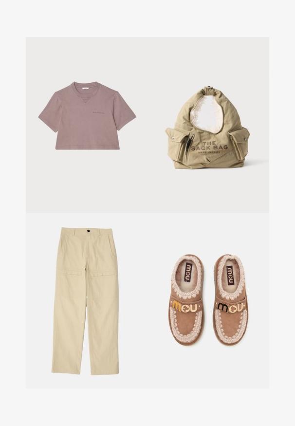 Gekürztes T-Shirt in dunstigem Mauve, aus weichem Stoff. Mit Rundhalsausschnitt, kurzen Ärmeln und einem dezenten Logo, das auf der Vorderseite gedruckt ist.; Beige weit geschnittene Hosen aus Baumwolle. Verfügt über zwei Vordertaschen, zwei Gesäßtaschen und einen einzelnen Knopfverschluss an der Taille.; Paar braune Mokassin-Hausschuhe aus Wildleder mit cremefarbenem Strickbesatz und gebrandetem Metalllogo am Riemen, von oben auf weißem Hintergrund betrachtet.; Beige Marc Jacobs weiche Stofftasche mit zwei Klappentaschen, einer Reißverschlusstasche und dem Text "THE SACK BAG" auf der Vorderseite.