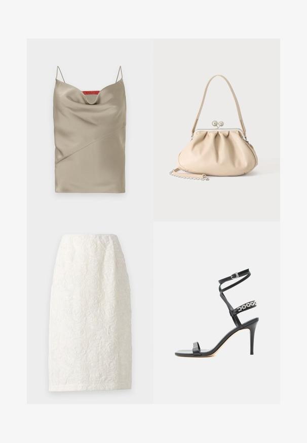 Satin cami i lys taupe med en draperet halsudskæring, tynde justerbare stropper og skrå sømdetaljer. Mærketikette i rød på bagsiden.; Knelang hvid nederdel med et tekstureret blomstermønster, der har hævede rosedesigns og en subtil glans. Enkel, lige silhuet.; Sort højhælet sandal med tynd ankelrem, midtfodsrem dekoreret med sølvkædeled og åben tå-design.; Beige blød læderhåndtaske med en sølv metalramme-lukning, enkelt skulderstrop og en valgfri kæderem på en hvid baggrund.