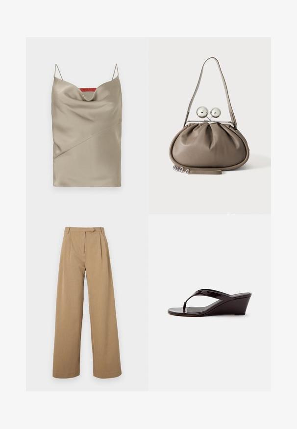 Camisole en satin de couleur taupe clair avec un décolleté drapé, des bretelles fines et ajustables, et des détails de couture diagonaux. Étiquette de marque en rouge à l'arrière.; Pantalons à jambes larges de couleur marron clair, fabriqués en tissu texturé. Présentent des plis à l'avant et une taille ajustée. Design simple sans matériel visible.; Sandale compensée en cuir verni marron avec bride entre les orteils et bout ouvert, vue de profil sur un fond uni.; Sac à main en cuir gris de forme arrondie, fermeture supérieure avec deux grandes sphères argentées, et une seule anse.